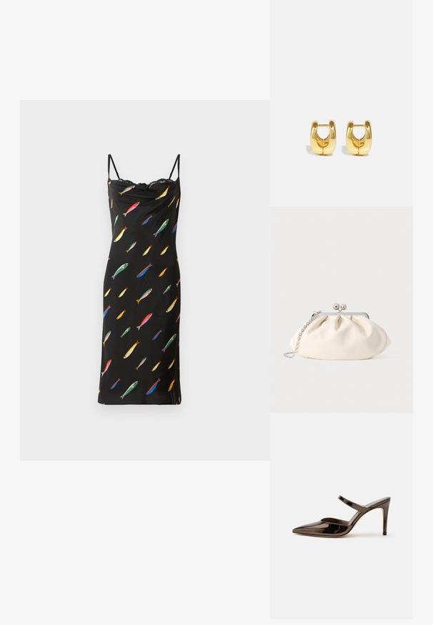 Robe noire sans manches avec un col drapé, fabriquée en tissu lisse. Présente un imprimé de poissons colorés sur l'ensemble et une finition en dentelle au niveau du col.; Mule à talon haut marron foncé brillant à bout pointu avec une fine bride sur le coup de pied sur fond blanc uni.; Pochette en tissu crème avec un design froncé, cadre en métal argenté, deux boules décoratives, et une bandoulière chaîne argentée.; Boucles d'oreilles en or avec un design élégant et arrondi. Présentent un centre creux et une surface brillante, complétant les styles modernes.
