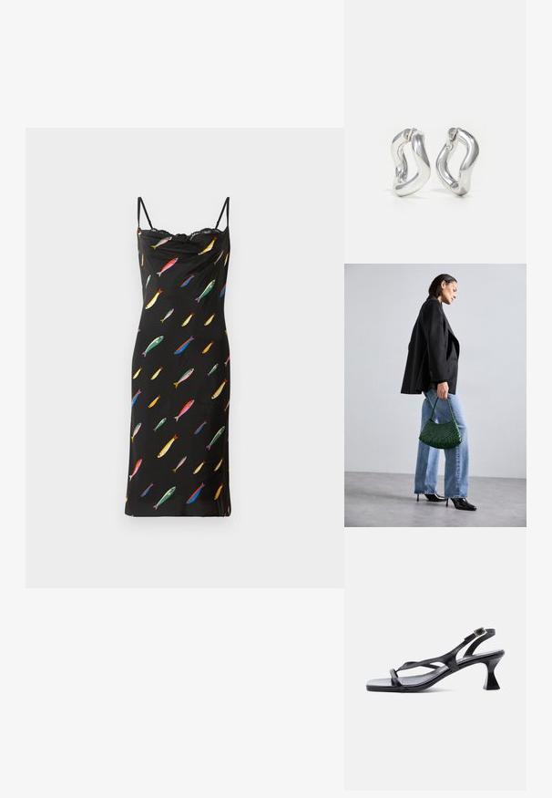 Robe noire sans manches avec un col drapé, fabriquée en tissu lisse. Présente un imprimé de poissons colorés sur l'ensemble et une finition en dentelle au niveau du col.; Sandale femme en cuir noir avec fines lanières, bout carré, boucle de cheville réglable et talon mi-hauteur évasé.; DRAGON DIFFUSION ROSANNA - Sac à main - forest; Boucles d'oreilles créoles argentées avec un design torsadé. Bords arrondis et finition brillante. Fermoirs ouverts pour un port facile. Texture lisse sur toute la surface.