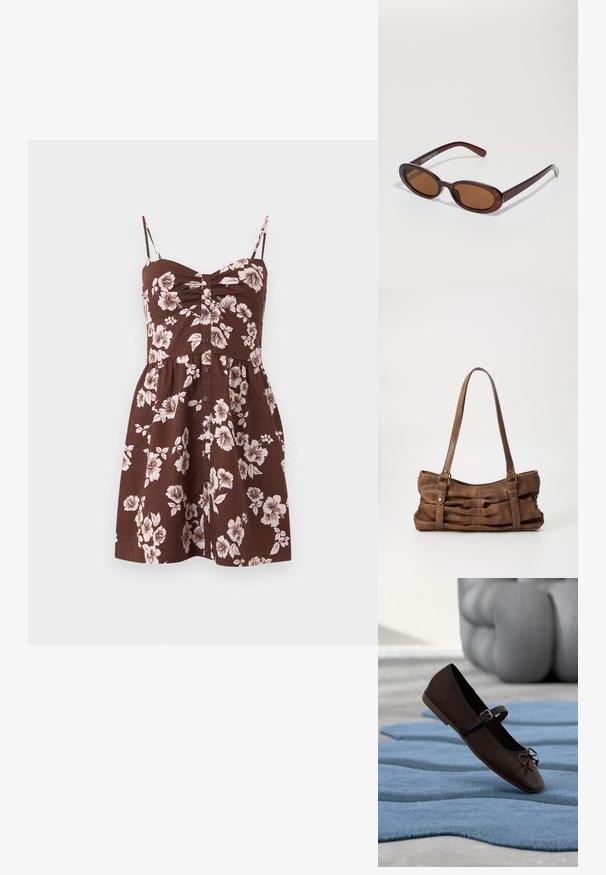 Robe marron sans manches avec fines bretelles, boutons à l'avant et motif floral blanc, avec un buste froncé et une jupe évasée.; Chaussure plate Mary Jane marron foncé avec boucle et détail nœud reposant sur un tapis texturé bleu ondulé, et un canapé gris rembourré en arrière-plan.; Lunettes de soleil rondes teinte brun avec une monture bordeaux brillante. Branches fines avec un détail de marque subtil. Design de verres plats.; Even&Odd Sac à main - brown