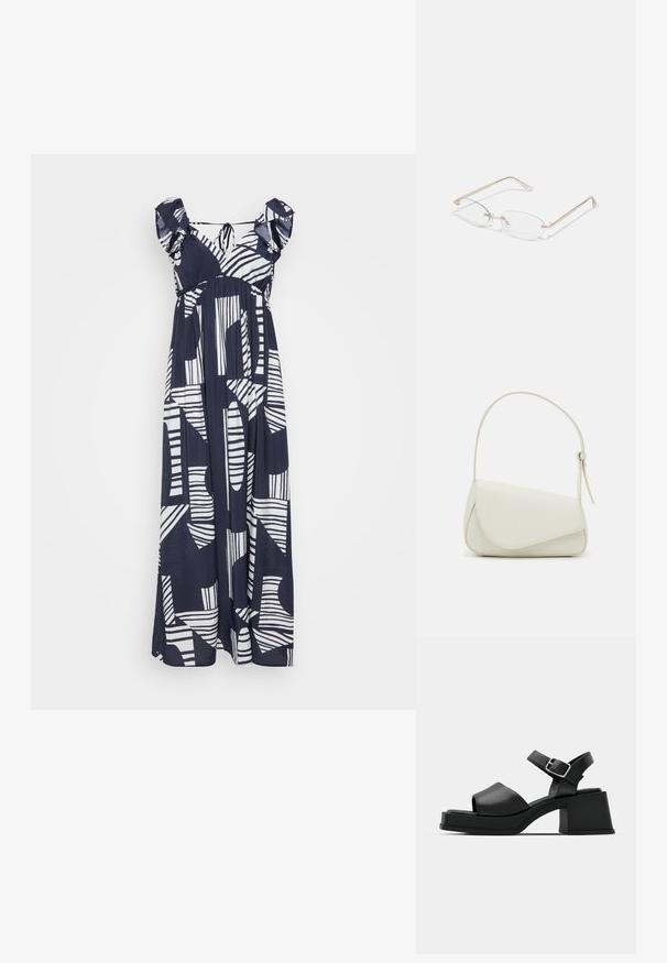 Vestido maxi azul marino con patrones abstractos blancos, con tirantes de hombro con volante y una silueta suelta y fluida. Textura de tela suave.; Sandalias de plataforma de cuero negro con diseño de puntera abierta, correa en el tobillo y un tacón cuadrado grueso. Textura suave y estilo minimalista.; Gafas de metal dorado con lentes ovalados, brazos delgados y almohadillas nasales transparentes. Presentan sutiles acentos en las bisagras y lentes transparentes.; Bolso de mano de imitación cuero blanco con una forma triangular estructurada, correa ajustable única y cierre con solapa acentuada en curva.