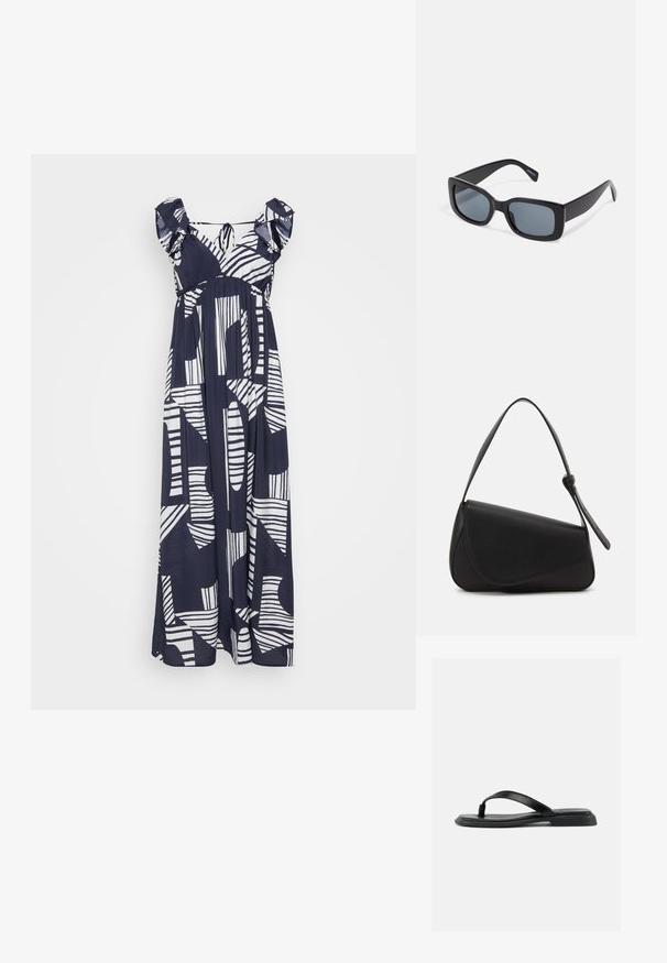 Vestido maxi azul marino con patrones abstractos blancos, con tirantes de hombro con volante y una silueta suelta y fluida. Textura de tela suave.; Sandalia plana negra tipo tanga con tira texturizada y tacón ligeramente elevado, mostrada de perfil sobre un fondo liso claro.; Gafas de sol rectangulares negras con lentes oscuros, montura de plástico grueso y patillas anchas. Superficie lisa y diseño anguloso.; Bolso de mano de cuero negro con forma triangular, tapa en ángulo y un asa superior redondeada. Presenta una textura suave y detalles de diseño minimalistas.