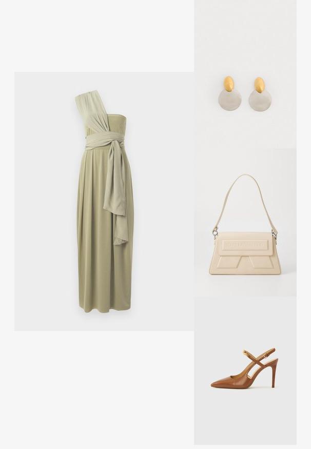 Olijfgroen midi-jurk met één schouder, voorzien van gedrapeerde stof en een gewikkelde taille. Zachte textuur met een vloeiend ontwerp.; Bruine leren slingback pumps met hoge hak en spitse neus, voorzien van gekruiste bandjes en een gestructureerde houten hak. Gouden accent op het bandje.; Beige leren handtas met een gestructureerd ontwerp, geperst logo aan de voorkant, verstelbare schouderband en hoekige accenten op het lichaam.; Gouden en zilveren metalen oorbellen met een ronde schijfbasis en een ovale bovenstuk, gladde textuur en gepolijste afwerking.