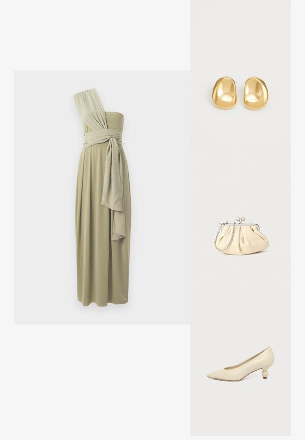 Olijfgroen midi-jurk met één schouder, voorzien van gedrapeerde stof en een gewikkelde taille. Zachte textuur met een vloeiend ontwerp.; Dames schoen in roomkleur met een puntige neus en een lage, ronde balvormige hak op een effen achtergrond.; Geplooide beige leren clutch met een zilveren metalen frame, voorzien van twee ronde decoratieve sluitingen en een zilveren kettingriem.; Gouden studs met een gladde, ronde vorm en een reflecterend oppervlak, met een minimalistisch ontwerp en zonder zichtbare patronen.