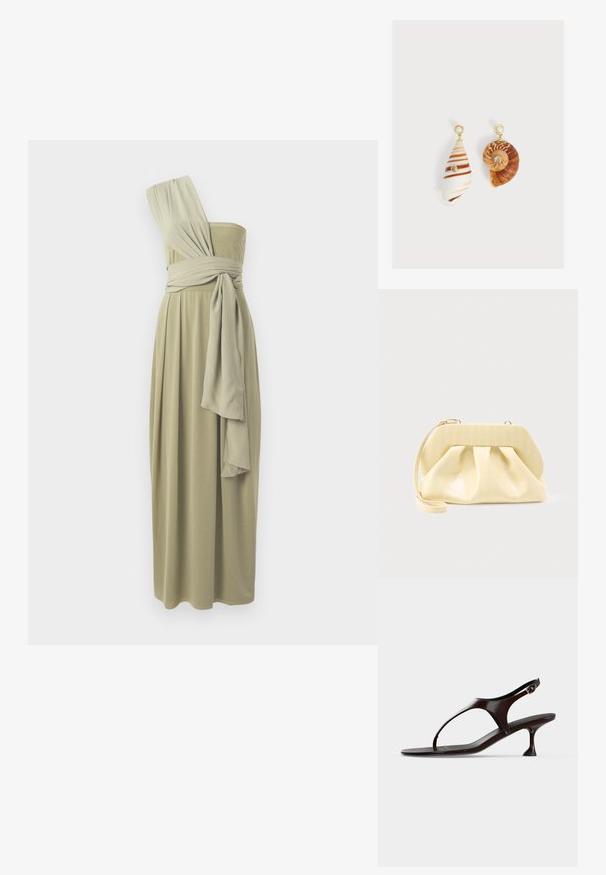 Olijfgroen midi-jurk met één schouder, voorzien van gedrapeerde stof en een gewikkelde taille. Zachte textuur met een vloeiend ontwerp.; Donkerbruine lakleren slingbacksandaal met kittenheel en teenbandje op witte achtergrond.; Crème-kleurige leren clutch met een gestructureerd bovenframe en polsbandje, weergegeven tegen een effen lichte achtergrond.; Asymmetrische oorbellen met schelpenhangers, gouden studs met pareltoppen en kleine ingelegde heldere edelstenen op elke schelp.