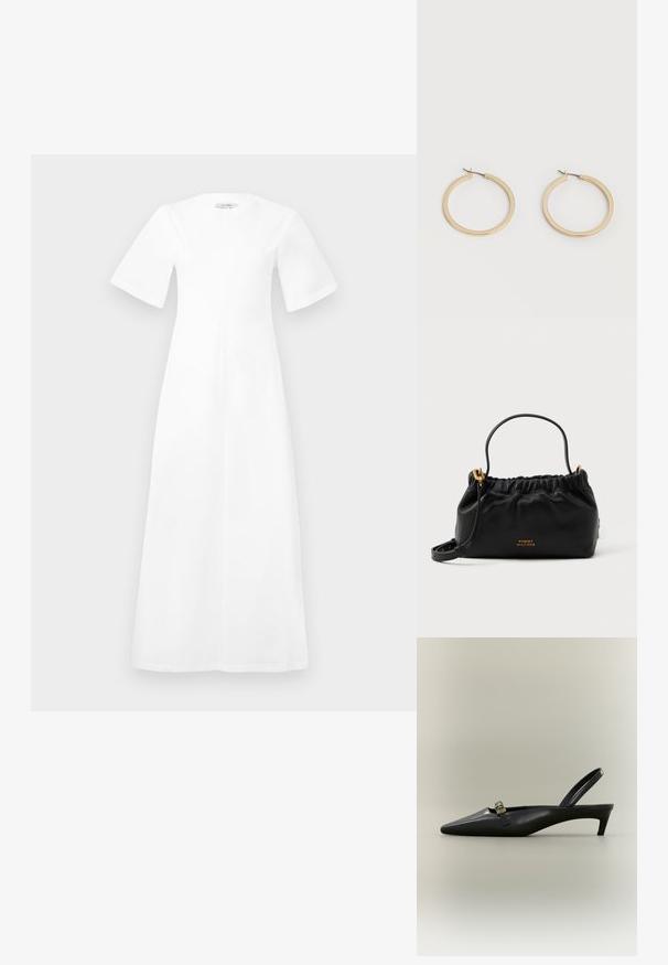 Vestido blanco de longitud hasta la rodilla, con mangas cortas, cuello redondo y un corte holgado, hecho de una tela suave sin patrones ni detalles visibles.; Zapato de tacón bajo tipo kitten en piel negra con talón descubierto, punta puntiaguda y hebilla pequeña color dorado sobre un fondo liso.; Bolso de piel negra con parte superior fruncida, una asa corta y una correa de hombro removible. Presenta un acento de logo dorado y una textura suave.; Par de pendientes de aro de tamaño mediano con tono dorado y cierre de bisagra sobre un fondo claro y liso.