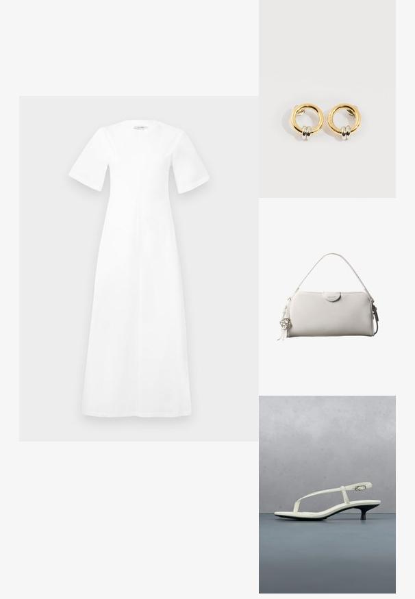 Vestido blanco de longitud hasta la rodilla, con mangas cortas, cuello redondo y un corte holgado, hecho de una tela suave sin patrones ni detalles visibles.; Sandalia blanca de tacón kitten con tiras y punta afilada, flotando sobre un suelo de baldosas de madera al aire libre, con un fondo desenfocado de plantas y pared.; Bolso rectangular blanco de Calvin Klein con un solo asa, diseño minimalista y borlas decorativas con un charm metálico geométrico en el lateral.; Pendientes circulares de oro con dos pequeños anillos de plata en cada uno, que muestran detalles sutiles del nombre de la marca grabado, colocados sobre un fondo blanco.