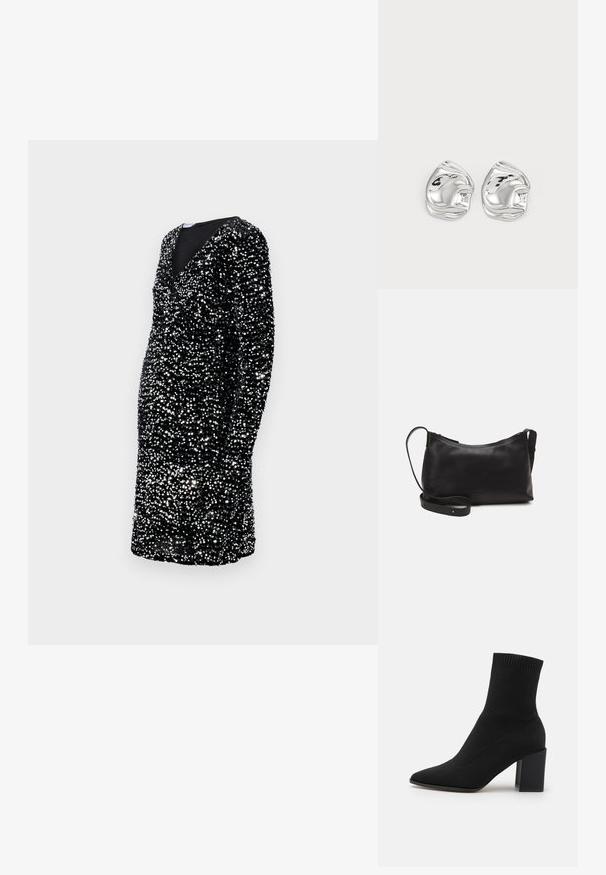 Vestido negro de mangas largas, escote en V profundo, adornado con lentejuelas plateadas, silueta ajustada, hasta la rodilla, superficie texturizada.; Botín negro de tobillo hecho de tejido elástico, con punta afilada y tacón cuadrado, con ribetes en la parte superior.; Bolso de hombro de cuero negro con una textura suave, forma curvada, correa ajustable y cierre con cremallera. Diseño minimalista sin adornos.; Pendientes de studs en forma abstracta de plata con un acabado pulido, que presentan curvas suaves y contornos sutiles. Sin patrones o acentos visibles.