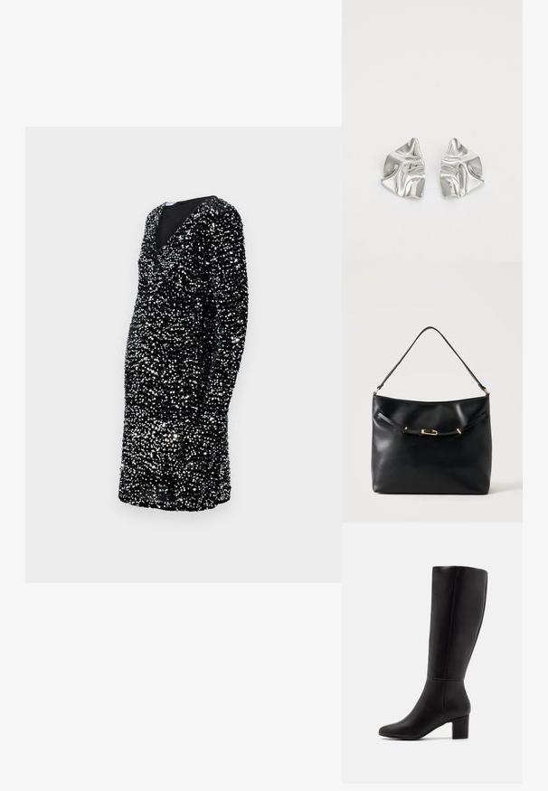 Zwarte jurk met lange mouwen, diepe V-hals, versierd met zilveren pailletten, nauwsluitende silhoeet, knie-lang, gestructureerd oppervlak.; Anna Field by Zalando Laarzen - black; Zwarte leren schoudertas met een enkele band en een klein gouden gespsdetail aan de voorkant tegen een effen lichte achtergrond.; Zilveren metalen oorbellen met een golvend, sculpturaal ontwerp, voorzien van een gepolijste afwerking en onregelmatige vormen, die een hedendaagse esthetiek benadrukken.