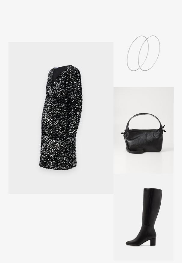 Sort kjole med lange ærmer, dyb V-udskæring, pyntet med sølvfarvede paljetter, tætsiddende silhuet, knælængde, struktureret overflade.; Anna Field by Zalando Høje støvler/ Støvler - black; Sort læderhåndtaske med et struktureret design, rund tophåndtag og aftagelig skulderrem. Den har en glat tekstur og en subtil glans.; Sølvøreringe med et minimalistisk design. Cirkulær form, glat tekstur og tynd profil. Letvægtige med en poleret overflade.