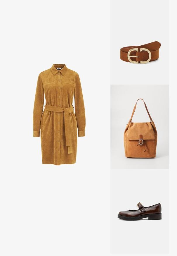 Vestido camisero de corduroy mostaza con mangas largas, botonera frontal, dos bolsillos en el pecho, cintura ajustada con cinturón y textura de canalé vertical.; Zapato Mary Jane marrón oscuro con acabado brillante, puntera redondeada, tacón bajo tipo bloque y hebilla dorada sobre el empeine.; Bolso de hombro de ante marrón claro con solapa plegable, acentos de cuero marrón y un anillo de metal plateado. Cuenta con un cierre de cuerda y una textura suave.; Cinturón de ante marrón con hebilla dorada de doble círculo y ancho; textura suave con líneas limpias y diseño de extremo afilado.