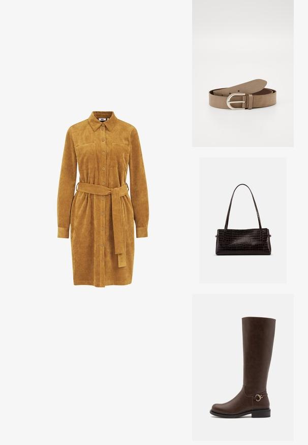 Mosterdkleurige corduroy jurk met lange mouwen, knoopsluiting aan de voorkant, twee borstzakken, een ceintuur en een verticale ribbeltextuur.; Anna Field Wide Fit by Zalando Laarzen - brown; Rechthoekige donkerbruine handtas met geperste krokodillenstructuur en twee dunne schouderbandjes tegen een effen achtergrond.; Bruine suede riem met een zilveren metalen gesp, met een gladde textuur en meerdere verstelgaatjes langs de lengte.