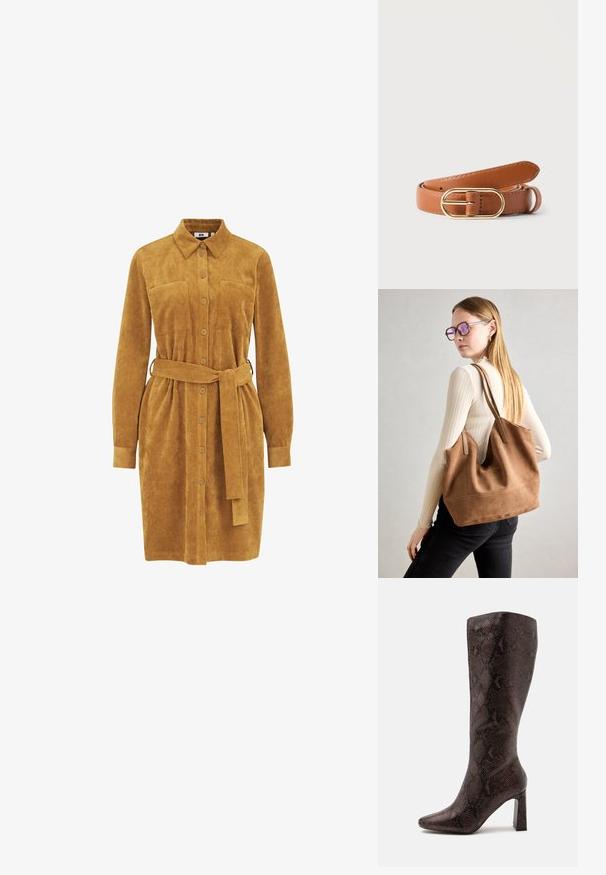 Mosterdkleurige corduroy jurk met lange mouwen, knoopsluiting aan de voorkant, twee borstzakken, een ceintuur en een verticale ribbeltextuur.; Donkerbruine kniehoge laars met slangenhuidtextuur, puntige neus en hoge blokhak op witte achtergrond.; Bruine suède totebag met zachte textuur, grote opening en lange hengsels. Het heeft een eenvoudig ontwerp met zichtbare stiksels en geen hardware.; Leren ceintuur in tan met een gouden ovale gesp, opgerold op een eenvoudige lichte achtergrond.