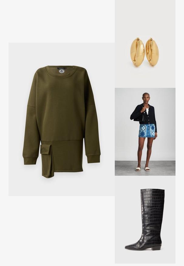 Sudadera verde oliva, material suave, cuello redondo, mangas largas, abertura lateral con acento de tela, detalle de logo bordado en la parte inferior delantera.; Botas de cuero negras hasta la rodilla con textura de cocodrilo, punta afilada y tacón bajo en bloque. Presentan un sutil logotipo cerca del tobillo.; Cárdigan negro de punto, blusa blanca, falda de mezclilla con patrón de diamantes en azul y negro, bolso negro y sandalias deslizantes beige.; Par de pendientes de aro gruesos con acabado dorado pulido, con un diseño ligeramente ovalado y robusto, con cierres de bisagra sobre un fondo blanco.