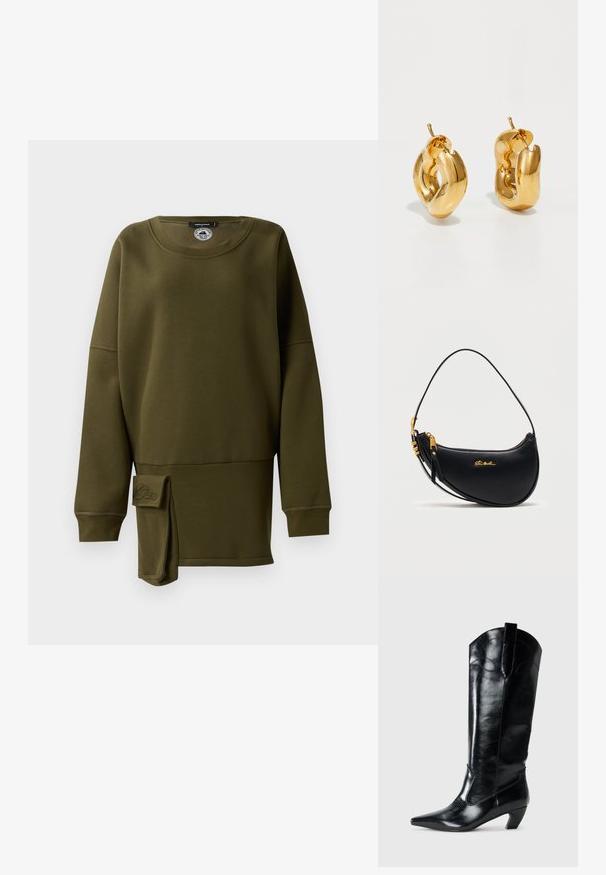 Sweatshirt vert olive, matière douce, encolure ronde, manches longues, fente latérale avec accent en tissu, détail de logo brodé sur le bas à l'avant.; Bottes en cuir noir montantes jusqu'au genou, avec une pointe effilée, un talon bas, et des détails de couture décoratifs sur les côtés. Fini lisse et brillant.; Sac à main en cuir noir en forme de croissant avec une fermeture éclair dorée, une bandoulière réglable et un petit logo doré "Steve Madden" à l'avant.; Boucles d'oreilles créoles en or massif avec un design tubulaire légèrement tordu et des fermoirs à tige sur un fond blanc.