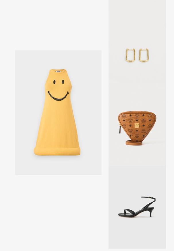 Robe en tricot jaune sans manches avec un smiley noir brodé sur le devant et un ourlet roulé, étiquette de la marque Moschino visible à l'intérieur du col.; Sandale pour femme en cuir noir avec fines lanières, une boucle d'orteil, une boucle à la cheville et un talon aiguille de hauteur moyenne sur un fond neutre.; Sac bandoulière triangulaire en cuir marron avec logos MCM noirs, plaque de marque en métal doré et tirette de fermeture éclair sur fond blanc.; Boucles d'oreilles en or en forme rectangulaire irrégulière, avec une texture lisse et un éclat subtil. Design simple sans embellissements.