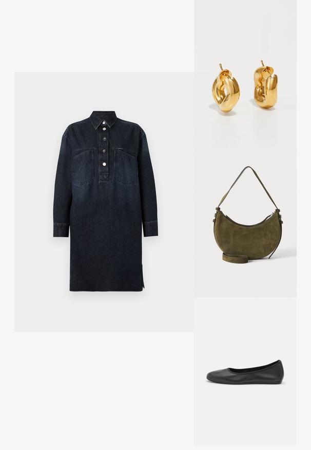 CLOSED DRESS - Jeanskleid - dark blue; Schwarze Leder-Ballettschuhe mit abgerundeter Spitze, glatter Textur, minimalen Nähdetails und einem flexiblen Sohlen-Design.; Olivgrüne Wildlederhandtasche in Halbmondform mit kurzem Schulterriemen und zusätzlichem verstellbarem Langriemen, oberer Reißverschluss.; Fette goldene Creolen mit einem leicht verdrehten, röhrenförmigen Design und Steckverschlüssen auf einem weißen Hintergrund.