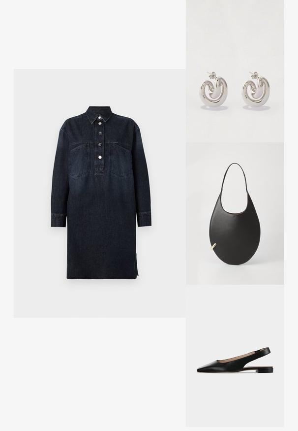 CLOSED DRESS - Jeanskleid - dark blue; Schwarzer Lederslingback-Flachschuh mit spitzer Zehenpartie und niedrigem quadratischem Absatz auf weißem Hintergrund.; Schwarze Leder-Umhängetasche mit runder Form, glatter Textur und einem einzelnen Tragegurt. Mit einem goldenen Akzent an der Seite.; Silberne Metallearrings mit einem gewellten Design, die glatte Oberflächen und ein poliertes Finish aufweisen und mit einem Schmetterlingsverschluss gesichert sind.