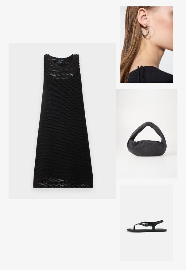 Robe noire sans manches en maille avec un col rond et un motif ajouré, longueur genou avec bords festonnés.; Sandale plate noire avec bride à la cheville, entre-doigt et boucle argentée sur semelle lisse, vue de côté sur fond blanc.; Sac en tissu gris foncé avec une anse courbée, texture douce et forme arrondie. Pas de matériel ou d'embellissements visibles.; Boucle d'oreille en argent avec une finition polie, présentant de petits détails en or et de forme ronde, portée sur le lobe.