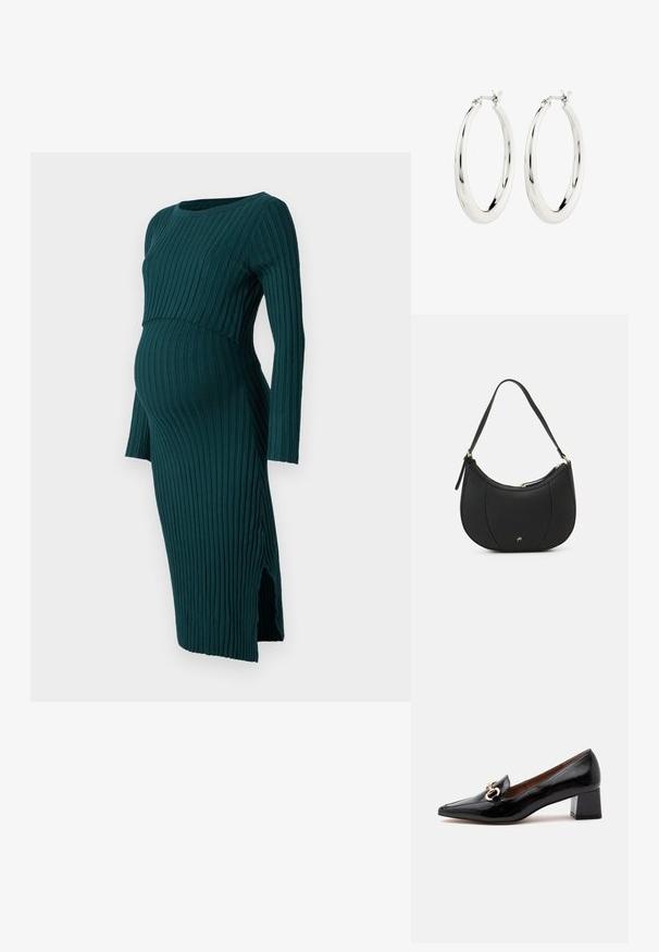 Anna Field MAMA by Zalando LONG SLEEVES DRESS - Vestido de punto - dark green; Mocasín negro de charol con tacón bajo de bloque, detalle de cadena dorada en la parte superior, puntera puntiaguda y forro interior marrón.; Bolso de mano de cuero negro con forma curva, superficie texturizada, costuras frontales y un logo en tono dorado. Cuenta con una sola correa ajustable.; Pendientes de aro de plata con un acabado suave y brillante. Forma circular, con un cierre seguro. Diseño sencillo y elegante.