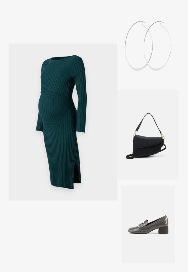 Anna Field MAMA by Zalando LONG SLEEVES DRESS - Vestido de punto - dark green; Zapato de cuero negro de tacón medio con punta redonda, con una correa decorativa con hebilla y un acabado texturizado en la parte superior.; Bolso de mano de cuero negro con un acabado texturizado, que cuenta con una sola correa para el hombro y acentos de hardware dorado. El diseño es elegante y minimalista.; Pendientes de aro plateados con un diseño delgado y suave; forma ovalada alargada; acabado pulido; presentan un cierre de gancho seguro.