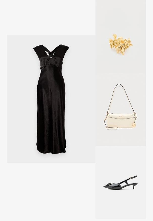 Must must dress, mille pikkusega, millel on ristkülikukujuline V-kaelus ja laiad rihmad. Sile tekstuur ja minimaalne kaunistus.; Mustast lakknahast slingback-kingad madalate kontsade, terava nina, lõigatud küljed, pandlaga rihm ja ümmarguse metallilise detailiga ninaosas.; Kreemivärvi Michael Kors õlakott kuldse logoga, tõmblukuga ja reguleeritava rihmaga ühtlase taustal.; Kuldne lilleline sõrmus, mis kujutab detailselt õisi ja lehti tekstuurse viimistlusega, näidates orgaanilist kuju ja keerukat disaini.
