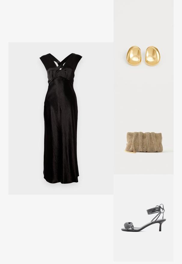 Sort satin kjole med en gulvlængde design, der har en crossover V-halsudskæring og brede stropper. Glat tekstur og minimal detail.; Grå læder sandal med hæl, knyttet rem ved tæerne og snørebånd, der vikles om anklen, på slank mellemhøj hæl mod hvid baggrund.; Lille gylden mesh clutch taske med et rynket design og en delvist synlig guldkæde på en ensfarvet hvid baggrund.; Guldfarvede stud øreringe med en glat, rund form og en reflekterende overflade, der fremhæver et minimalistisk design uden synlige mønstre.