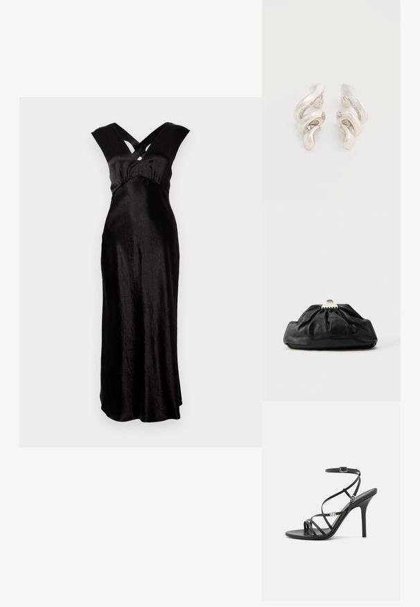 Sort satin kjole med en gulvlængde design, der har en crossover V-halsudskæring og brede stropper. Glat tekstur og minimal detail.; Sort højhælet sandal med tynde stropper, en ankelspænde, en glat læderoverflade og en slank stilethæl.; Sort læderclutch med en samlet tekstur, metal lukning og diskret præget logo på forsiden. Rundet form.; Tvistede sølvfarvede ørestikker med en glat, blank overflade, der har et moderne, abstrakt spiraldesign.