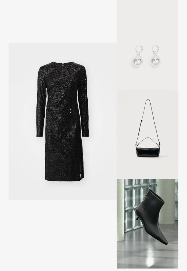 Schwarzes Pailletten-Kleid mit langen Ärmeln, Rundhalsausschnitt, leicht drapierter Gestaltung und einem Schlitz auf einer Seite für mehr Bewegungsfreiheit.; Schwarzer Leder-Stiefelette mit spitzer Zehenpartie und niedrigem Kitten-Heel, schräg dargestellt vor einem polierten Boden und einer Glasbausteinwand.; Schwarze rechteckige Leder-Umhängetasche mit verstellbarem Schulterriemen, Reißverschluss oben und kleinem goldfarbenem Calvin Klein-Logo vorne.; Silberne Tropfenohrringe mit glatten, runden, reflektierenden Oberflächen, die an Hakenverschlüssen hängen. Der Hintergrund ist reinweiß.