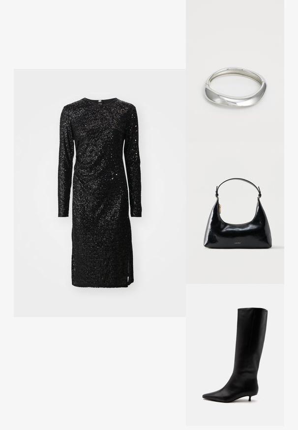 Schwarzes Pailletten-Kleid mit langen Ärmeln, Rundhalsausschnitt, leicht drapierter Gestaltung und einem Schlitz auf einer Seite für mehr Bewegungsfreiheit.; Schwarzer kniehoher Lederstiefel mit spitz zulaufender Schuhspitze und niedrigem Kittenabsatz vor einem schlichten hellen Hintergrund.; Schwarze, glänzende Calvin Klein Handtasche mit goldfarbenem Reißverschluss und kurzem Trageriemen vor schlichtem weißem Hintergrund.; Silberner Metallarmreif mit einem glatten, geschwungenen Design. Polierte Oberfläche und abgerundete Kanten sorgen für ein nahtloses Erscheinungsbild.