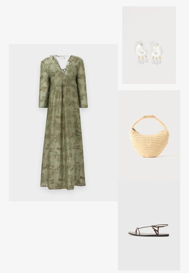 Robe longue vert olive en tissu léger, avec un col en V, des manches trois-quarts et un motif complexe de feuilles et d'animaux.; Sandale en cuir marron avec des fines lanières, un accent circulaire doré et une semelle plate. Design minimaliste avec un détail de boucle réglable.; Sac à main beige tissé avec corps arrondi, fermeture éclair et une sangle courte et épaisse dans un style crochet simple et texturé.; Boucles d'oreilles en résine transparente en forme de coquillage avec de petits accents dorés et trois breloques translucides en forme de goutte pendantes sur chaque boucle d'oreille.