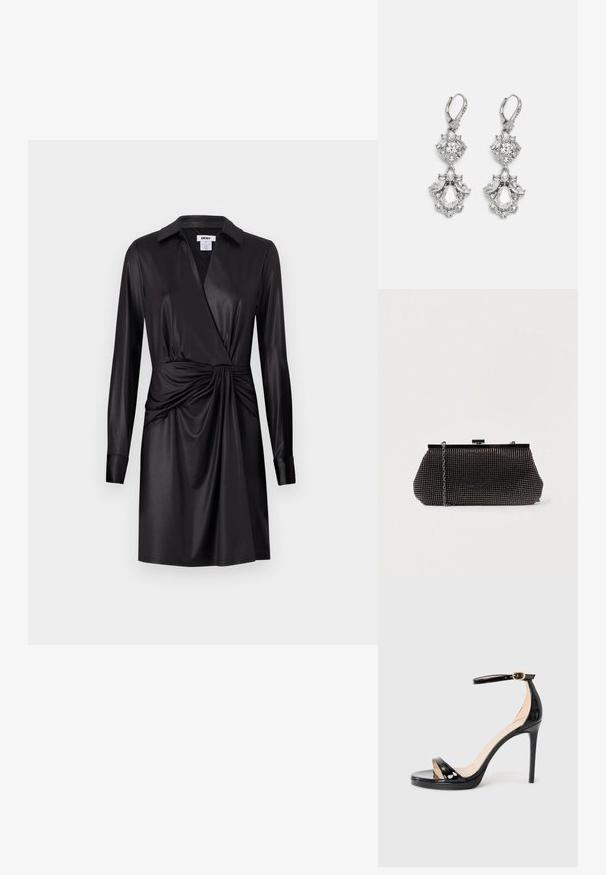 Robe portefeuille noire à manches longues, en satin brillant. Présente un détail plissé à la taille et un col classique.; Sandale à talon haut en cuir verni noir avec une bride de cheville et une boucle dorée, bout ouvert et talon stilettos fin, sur un fond uni.; Pochette noire en mesh avec une silhouette structurée, ornée de petits clous métalliques, dotée d'une fermeture à clip et d'une bandoulière en chaîne détachable.; Boucles d'oreilles en métal argenté ornées de plusieurs pierres précieuses en cristal transparent en forme de goutte et de marquise, avec des fermoirs à levier et des détails complexes.