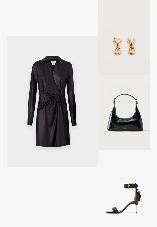 Robe portefeuille noire à manches longues, en satin brillant. Présente un détail plissé à la taille et un col classique.; Sandale à talon en cuir noir avec un bout carré, une bride de cheville dotée d'une boucle en or et un talon métallique fin. Texture lisse, design minimaliste.; Sac à main Calvin Klein noir brillant avec fermeture éclair dorée et anse courte sur fond blanc uni.; Paire de boucles d'oreilles créoles en bouclettes dorées brillantes sur fond blanc uni, présentant un design torsadé entrelacé.