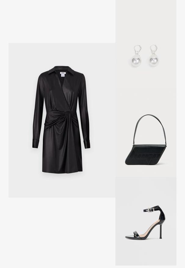 Robe portefeuille noire à manches longues, en satin brillant. Présente un détail plissé à la taille et un col classique.; Sandale à talon haut en cuir verni noir avec bride à la cheville. Présente un design minimaliste, un bout ouvert et une boucle ornée de strass.; Sac d'épaule en cuir noir de forme triangulaire, avec un logo embossé et une seule bandoulière réglable. Design minimaliste avec une texture lisse.; Boucles d'oreilles en argent en forme de goutte avec des surfaces lisses, rondes et réfléchissantes, suspendues à des fermoirs à ressort. L'arrière-plan est blanc uni.