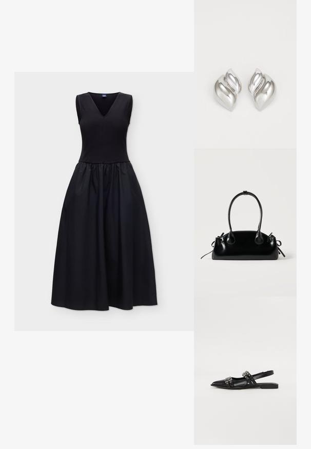 Robe noire sans manches avec un décolleté en V, un corsage ajusté et une jupe ample froncée, présentée sur un fond blanc uni.; Even&Odd Ballerines à brides arrière - black; Petit sac à main noir brillant avec deux longues anses et des détails à cordon sur les côtés sur un fond clair uni.; Boucles d'oreilles en argent avec une forme organique et abstraite. Surface lisse et brillante avec un design effilé. Présente des courbes subtiles et un détail central en ligne.