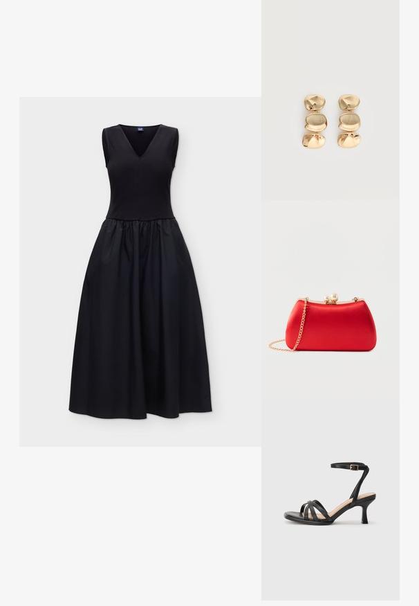 Robe noire sans manches avec un décolleté en V, un corsage ajusté et une jupe ample froncée, présentée sur un fond blanc uni.; Sandales à talons noirs avec plusieurs fines lanières sur le bout, une seule lanière à la cheville avec une boucle dorée, et un bout carré.; Pochette de soirée en satin rouge avec monture en or, fermoir en perle et chaîne dorée sur fond blanc.; Boucles d’oreilles pendantes ton or avec trois segments irréguliers, lisses et arrondis empilés verticalement sur un fond clair uni.