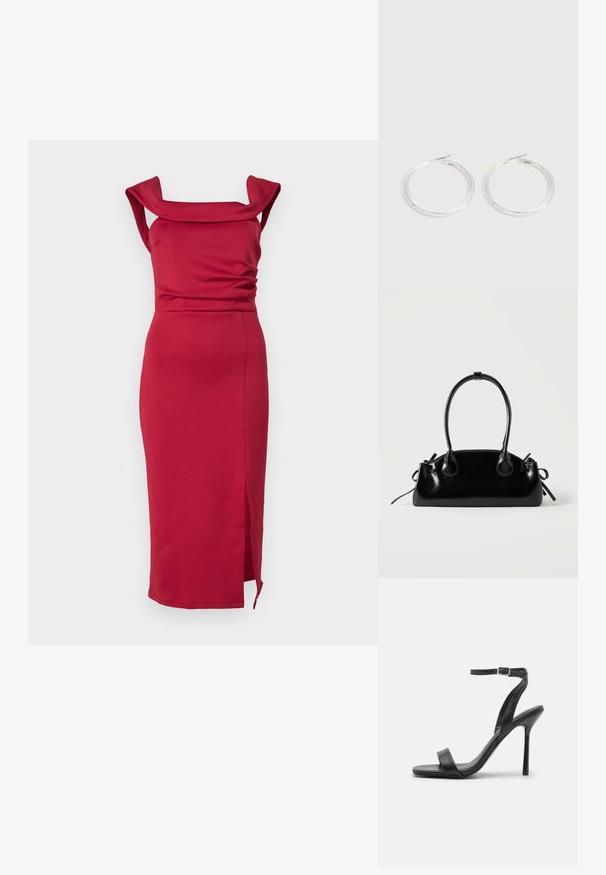 Robe midi rouge ajustée en tissu lisse. Présente un décolleté carré, des épaules drapées et une fente sur le côté pour une touche supplémentaire.; Sandale à talons hauts noire avec une fine sangle au niveau de la cheville et deux bandes à l'avant. Fabriquée en cuir lisse avec un bout pointu élégant et un talon aiguille.; Petit sac à main noir brillant avec deux longues anses et des détails à cordon sur les côtés sur un fond clair uni.; Paire de boucles d'oreilles créoles argentées brillantes avec fermoirs en fil fin, présentée sur un fond gris clair.