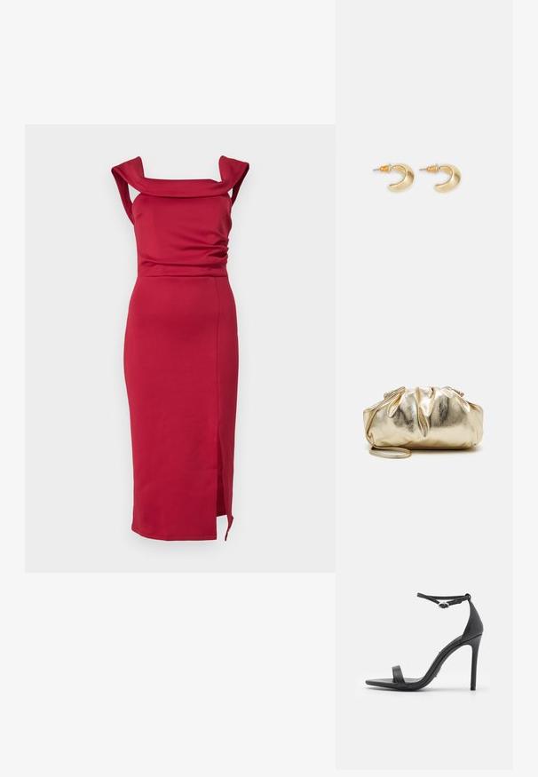 Robe midi rouge ajustée en tissu lisse. Présente un décolleté carré, des épaules drapées et une fente sur le côté pour une touche supplémentaire.; Sandales noires à talons hauts avec un orteil ouvert, des fines lanières et une boucle à la cheville. Texture en cuir lisse avec un design de forme pointue.; Pochette métallique dorée avec une texture froissée, de forme arrondie et douce, et une chaîne amovible. Présente un design froncé en haut.; Boucles d'oreilles en forme de croissant en or avec une finition lisse, présentant des accents orange près du clou et un matériel en argent.