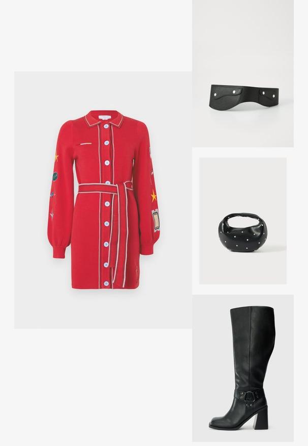 Robe en tricot rouge avec fermeture à boutons, manches longues, col rayé et ceinture à la taille. Présente des motifs brodés et des boutons bleus contrastants.; Bottes en cuir noires arrivant au genou, avec un bout carré, un large talon et une sangle décorative avec des accents métalliques autour de la cheville. Texture lisse.; Sac à main en cuir noir de forme arrondie, décoré de clous argentés et équipé d'une poignée courte. Texture lisse et fermeture éclair.; Ceinture en cuir noir avec deux poches arrondies, fermées par des boutons-pression en argent. Texture lisse, design légèrement courbé.