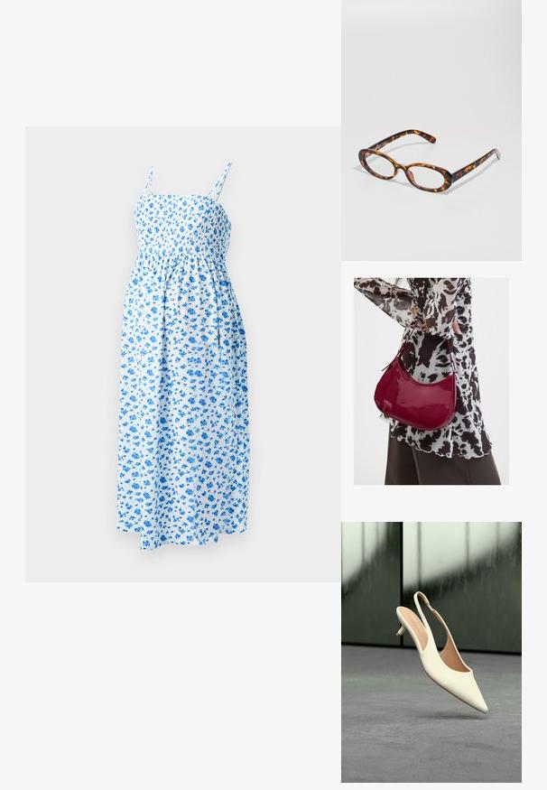 Sininen kukallinen midi-mekko ohuilla naruilla ja kootulla bodicella, jossa on kevyt, teksturoitu kangas valkoisella taustalla.; Beigen värinen naisten slingback-kengät, joissa on kärkiosa ja matala kissakorko, leijuu harmaan lattian yläpuolella sumennetun tumman taustan edessä.; Kilpikonnakuosiset aurinkolasit, joissa on soikeat linssit, kiiltävä pinta, ohuet varret ja hienovaraiset kuviot, jotka muistuttavat tiikerin raitoja.; Nainen, jolla on mustavalkoinen kuviollinen pusero, pitää kiiltävää punaista olkalaukkua yksiväristä taustaa vasten.