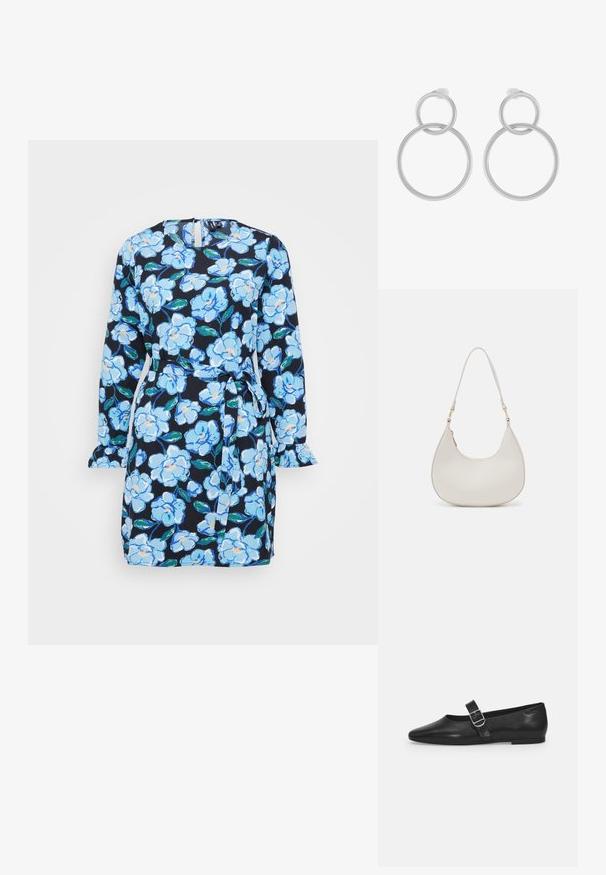 Vestido floral con fondo azul marino y flores en azul y blanco, de mangas largas, cintura con lazo y puños de manga con volantes.; Zapato plano de cuero negro con punta redondeada, una sola correa ajustable con hebilla y una textura suave y brillante. Diseño minimalista con un tacón bajo.; Bolso de hombro de cuero crema con forma de media luna, correa delgada y sutil detalle de costuras. Diseño minimalista con acentos de hardware en tono dorado.; Pendientes de metal plateado que presentan dos círculos entrelazados, uno más grande y otro más pequeño, con un acabado cepillado y cierres de presión.