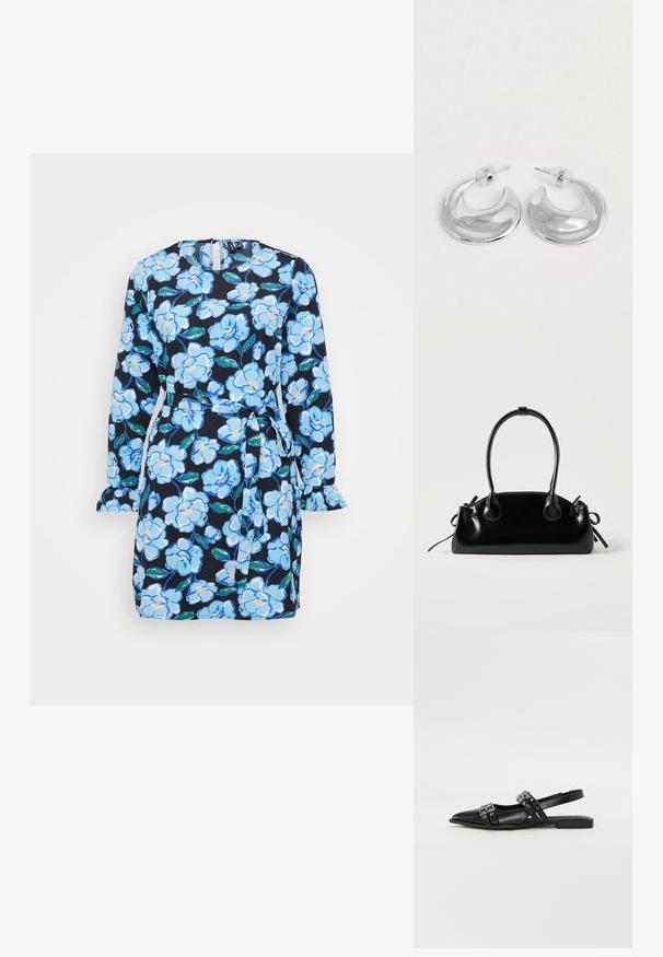 Lillelillekleit, millel on tumesinine taust, sinised ja valged lilled, pikad varrukad, sidumisvöö ja volangiga varrukate mansetid.; Even&Odd by Zalando Kannarihmaga baleriinad - black; Väike must läikiv käekott kahe pika sangaga ja külgedel paelakinnitustega, ühel lihtsal helel taustal.; Paari poleeritud hõbedast kuusnurksete rõngaste kõrvarõngaid, selgete plastist tagustega valgel pinnal.