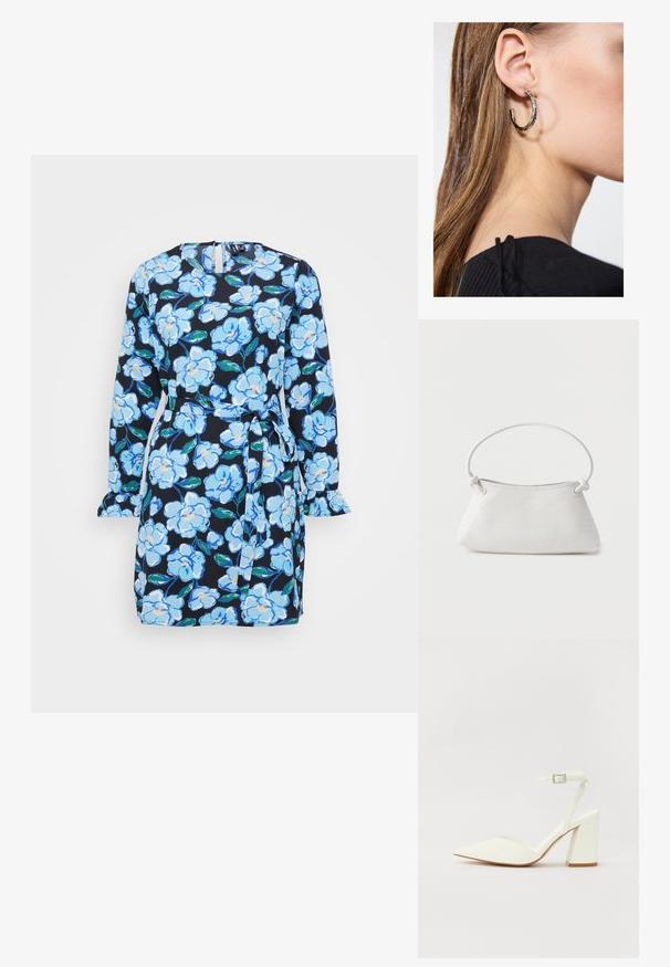 Vestido floral con fondo azul marino y flores en azul y blanco, de mangas largas, cintura con lazo y puños de manga con volantes.; Sandalia blanca de tacón con puntera afilada, correa ajustable en el tobillo y un tacón cuadrado grueso. Textura lisa con detalles de costura mínimos.; Bolso de mano de cuero blanco tejido con asa redondeada y extremos de la correa anudados, exhibido sobre un fondo liso.; Pendiente de aro de plata con un acabado pulido, que presenta pequeños detalles en dorado y una forma redonda, llevado en el lóbulo.
