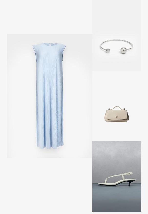 Vestido sin mangas de plisados en azul claro con un escote redondo y un cierre en la espalda con forma de llave. Silueta en A fluida, textura suave y un brillo sutil.; Sandalia blanca de tacón kitten con tiras y punta afilada, flotando sobre un suelo de baldosas de madera al aire libre, con un fondo desenfocado de plantas y pared.; Pequeño bolso de mano de cuero beige con asa superior y logo plateado de CK en la solapa frontal, mostrado sobre un fondo blanco.; Brazalete de metal plateado con dos acentos esféricos en cada extremo, superficie lisa, diseño abierto y forma elegante y minimalista.