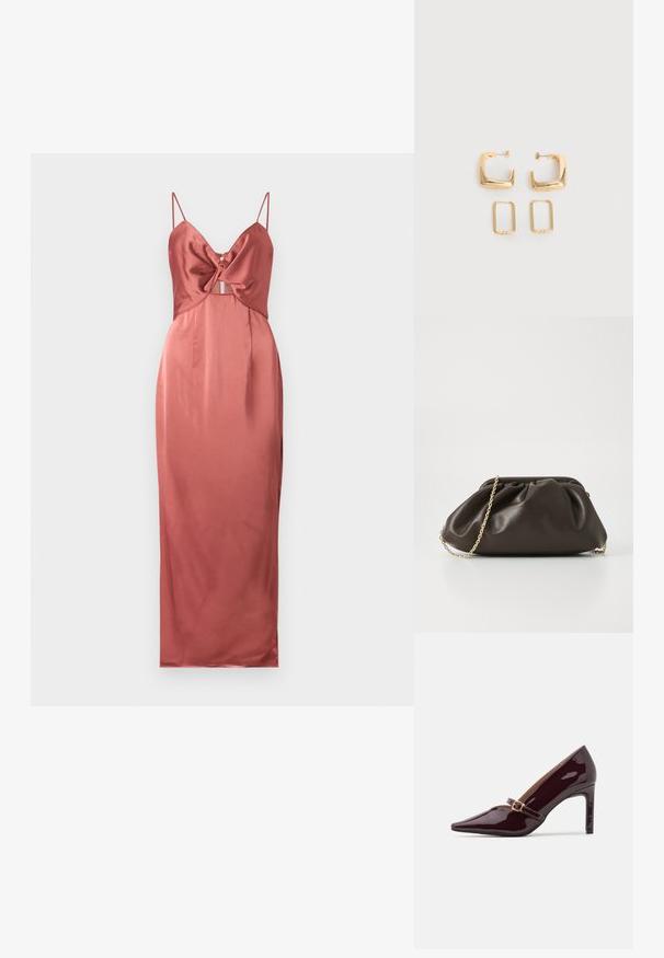 Malina PATRIZIA CUT OUT SLIP MAXI - Gallakjole - terracotta; Patenteret bordeaux højhælet sko med spidse tæer, ankelrem med guldhardware og en slank, poleret finish. Hævet stilettohæl.; Brun læderhandtaske med en sammensnøring, guld kædestrop og blød, struktureret overflade. Kompakt form velegnet til aftensbrug.; To par guldfarvede geometriske hoop-øreringe på en ensfarvet hvid overflade, et par firkantede og solide, et par rektangulære og hule.