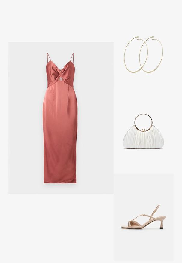 Malina PATRIZIA CUT OUT SLIP MAXI - Galajurk - terracotta; Call it Spring DIANAH - Sandalen - other beige; Witte geplooide handtas met een ronde gouden handgreep, gemaakt van zacht materiaal en een afgeronde vorm. Elegante uitstraling met een gestructureerde afwerking.; Pilgrim Oorbellen - gold-coloured