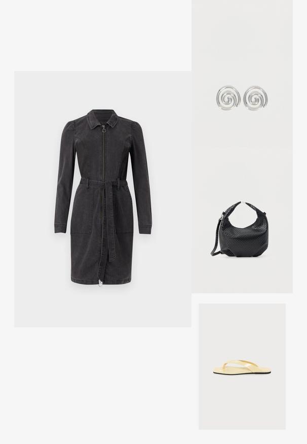 Robe en denim noir avec un col, des manches longues, une fermeture éclair à l'avant et une taille ceinturée. Dispose de deux poches avant et d'un ourlet droit.; Sandale tongs plates beige avec brides croisées et fine lanière sur une semelle noire, vue de côté sur fond blanc.; Sac à main en cuir tressé noir avec poignée courte et bandoulière amovible, présenté sur un fond clair uni.; Paire de boucles d'oreilles en forme d'anneau spirale en argent avec un design lisse et arrondi sur fond blanc uni.
