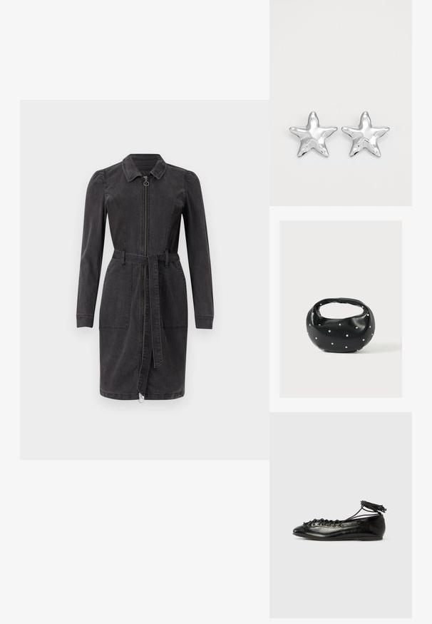 Vestido de mezclilla negro con cuello tipo camisa, mangas largas, cierre frontal de cremallera y cintura ceñida con cinturón. Cuenta con dos bolsillos frontales y un dobladillo recto.; Zapatos planos tipo ballet de charol negro con punta redondeada, diseño con cordones y suela plana. Textura lisa con detalles mínimos.; Bolso de mano de cuero negro con forma redondeada, decorado con detalles de tachuelas plateadas y un asa corta. Textura lisa y cierre con cremallera.; Pendientes en forma de estrella plateada con una superficie pulida y brillante. Cada pendiente presenta cinco puntas y sutiles detalles de textura en la superficie.