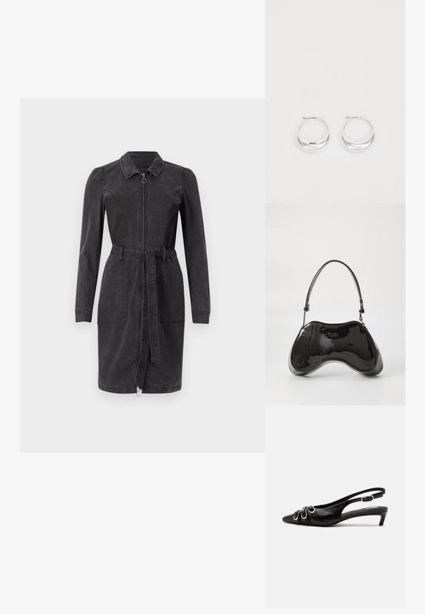 Zwarte denim jurk met een kraaghalslijn, lange mouwen, een ritssluiting aan de voorkant en een ceintuur in de taille. Bevat twee zakken aan de voorkant en een rechte zoom.; Zwarte leren slingback schoen met puntige neus, drie zilveren gespen aan de voorkant en lage kittenhak op witte achtergrond.; Zwarte gepatenteerde leren handtas met een unieke gebogen vorm, korte verstelbare handgreep en een ritsopening. Glad uiterlijk met subtiele branding.; Zilveren creolen met een gepolijste afwerking en DKNY-branding, weergegeven tegen een effen witte achtergrond.