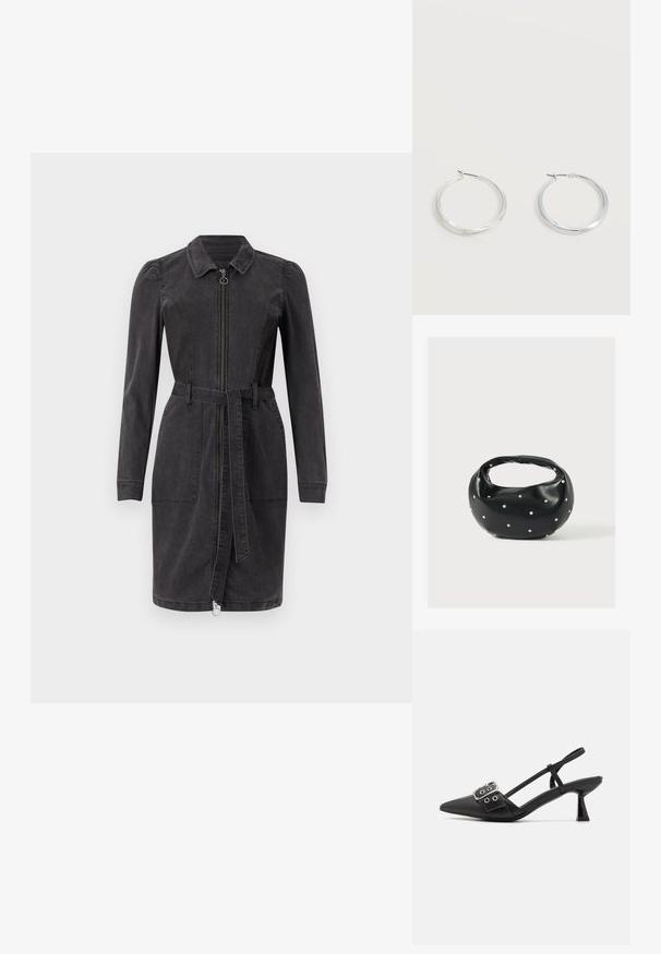 Zwarte denim jurk met een kraaghalslijn, lange mouwen, een ritssluiting aan de voorkant en een ceintuur in de taille. Bevat twee zakken aan de voorkant en een rechte zoom.; Simmi London DALA - Klassieke pumps - black; Zwarte leren handtas met een afgeronde vorm, versierd met zilveren studs, en een korte handgreep. Gladde textuur en ritsluiting.; Zilverkleurige metalen creolen oorbellen met een glad, licht gebogen oppervlak en sluitingen met haaksluiting op een effen witte achtergrond.