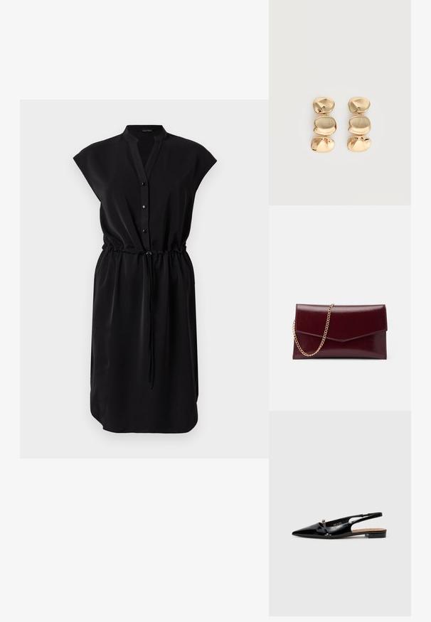Robe noire sans manches, longueur genou, avec col mandarin, boutons sur le devant et taille réglable par cordon.; Chaussure slingback en cuir verni noir avec un bout pointu, un design minimaliste, un petit talon et un accent en boucle argentée sur la sangle.; Pochette en cuir bordeaux au design plat et élégant. Équipée d'une bandoulière en chaîne dorée et d'une fermeture à rabat angulaire. Texture lisse avec un éclat subtil.; Boucles d’oreilles pendantes ton or avec trois segments irréguliers, lisses et arrondis empilés verticalement sur un fond clair uni.
